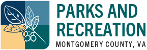 The Montgomery County Parks and Recreation logo features an illustration of a huckleberry leaf and berries over a square logo.