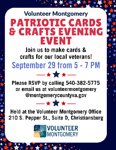 Join us on September 29 from 5-7 PM as we make patriotic cards and crafts to local Veterans. You can email or call the office if you would like to come.